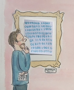 Watercolour illustration of David Stillwell examining a framed field of binary data